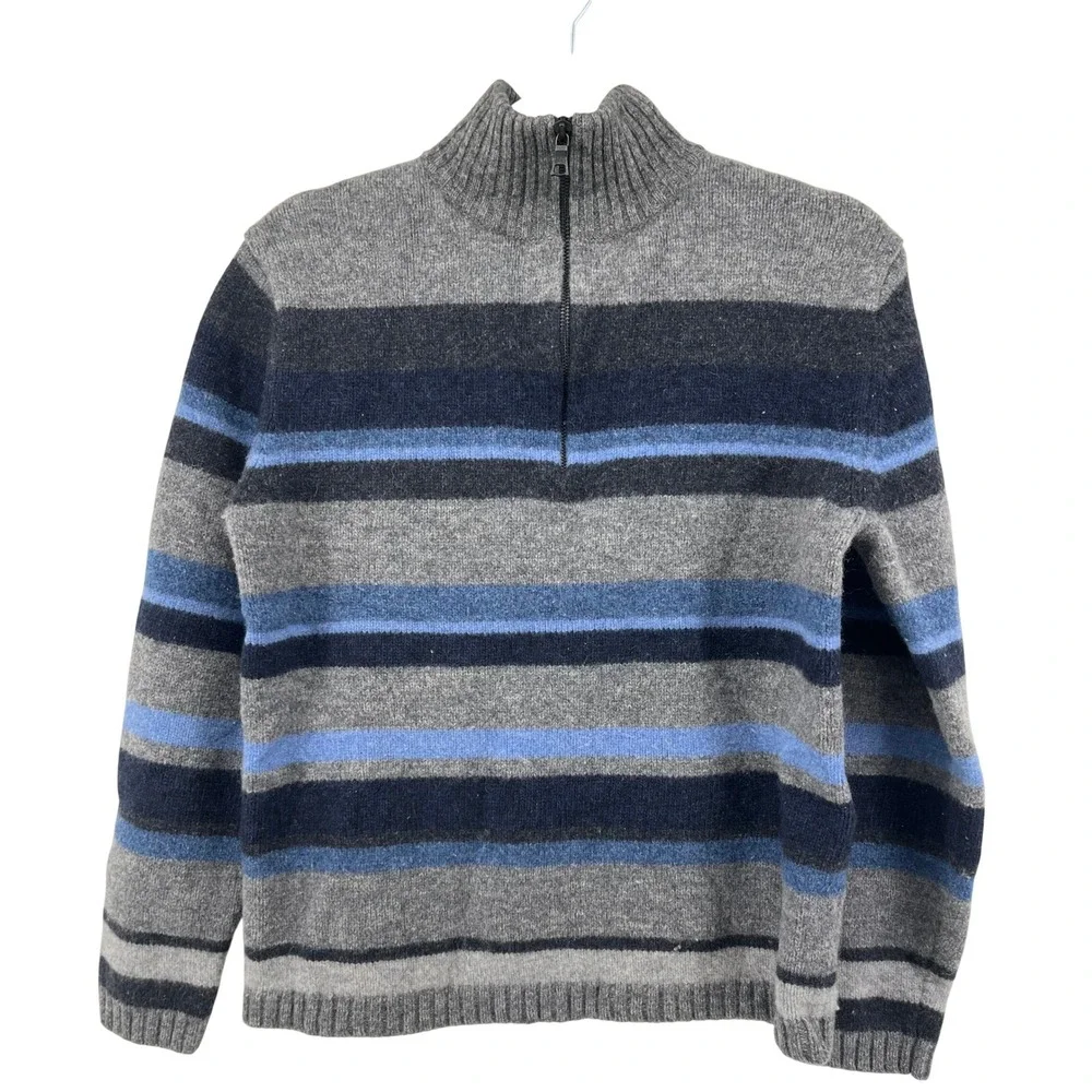 Banana Republic Mens M Lambswool Striped Quarter Zip Sweater Grey Blue Mock Neck